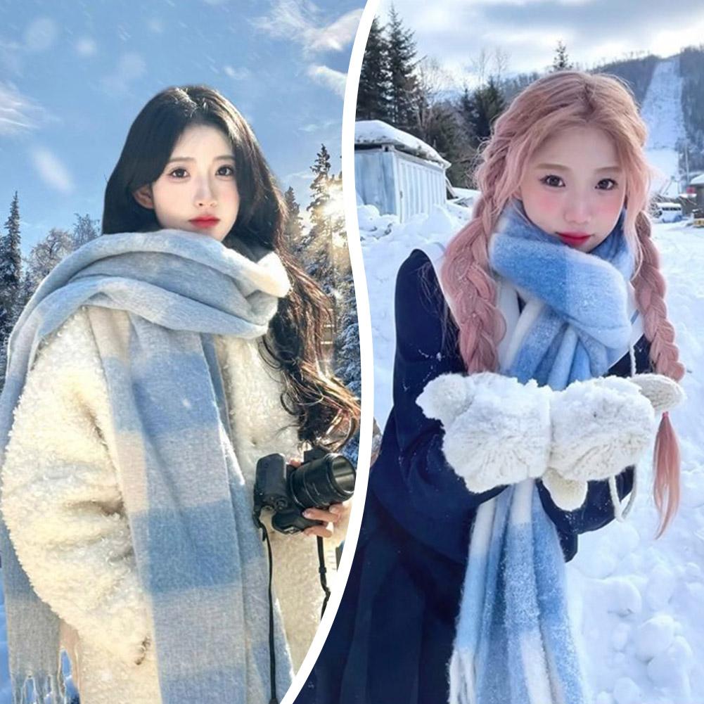 Winter Clothing Korea - Stylowy, prosty, koreański, niebiesko-biały szalik w