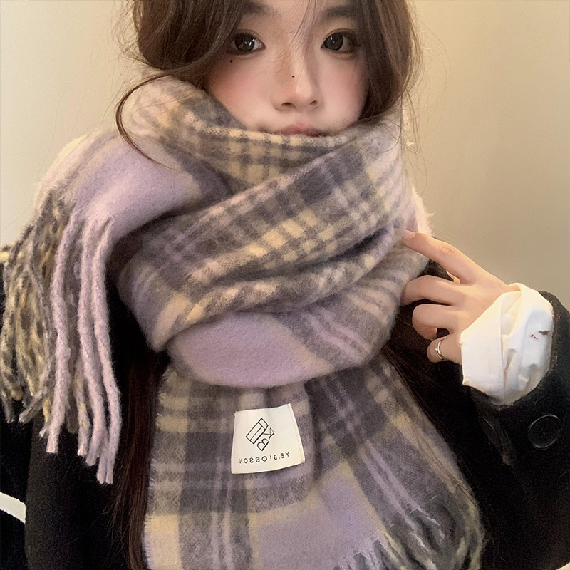 Winter Clothing Korea - Fioletowy szal w kratę damski jesienno-zimowy